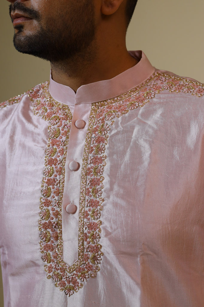Men's Pink Color Light Coral Embroidered Collar Designer Kurta Dupion