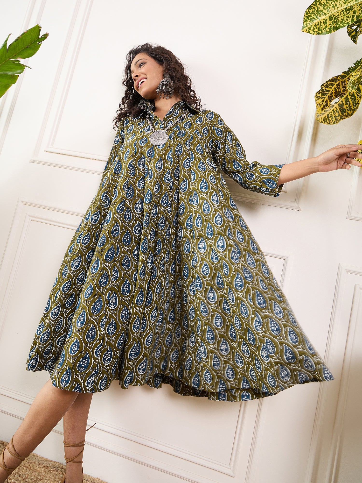 Women's Olive Indigo Ajrak Leaves Collar Flared Dress - InWeave