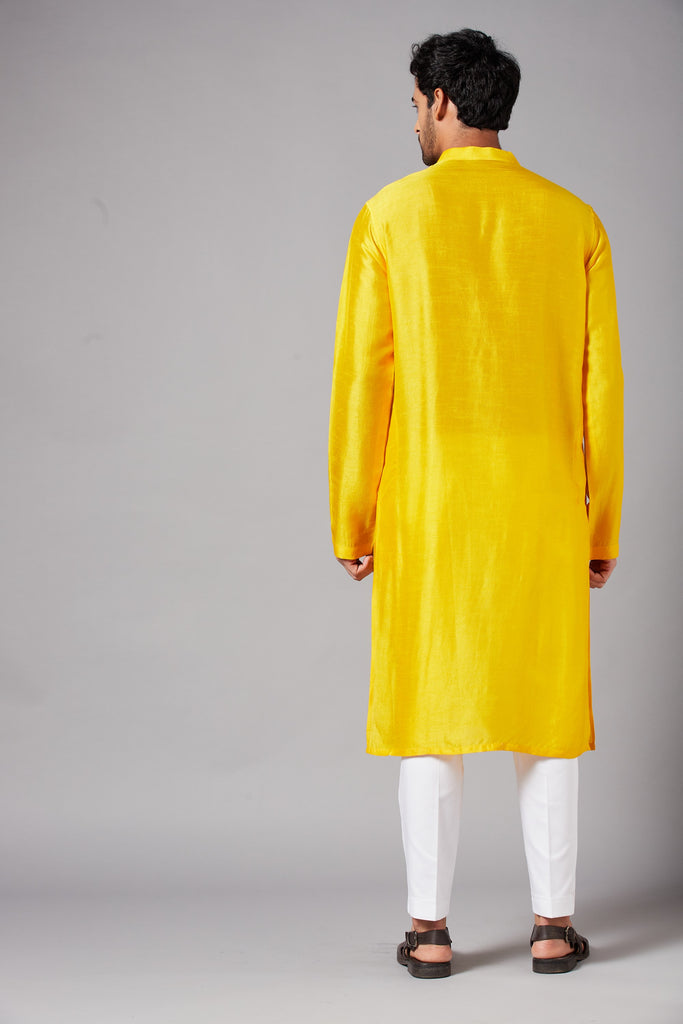 Men's Yellow Color Plain Kurta Falling Raw Silk