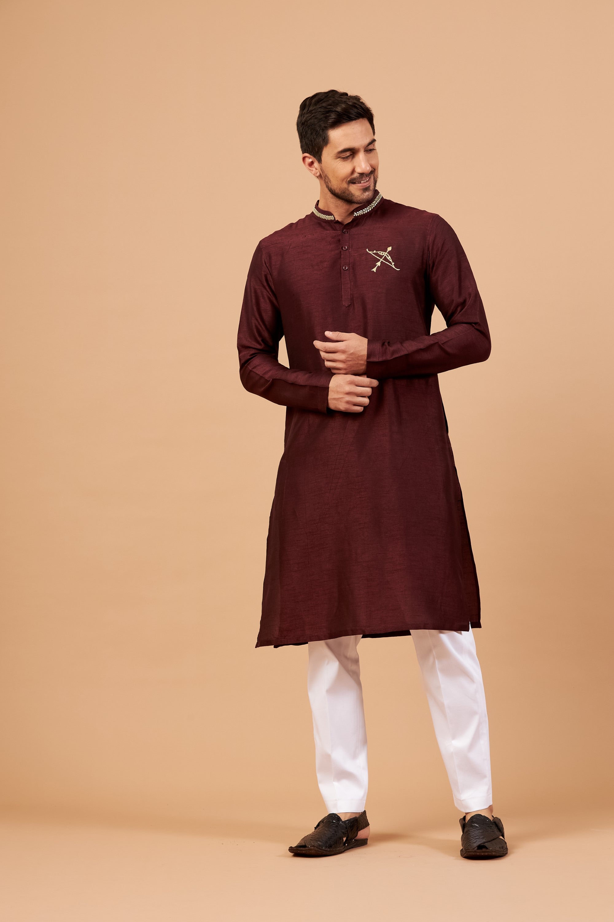 Men's Maroon Color Adira Gold Zari Embroidered Kurta Semi Raw Silk Mix