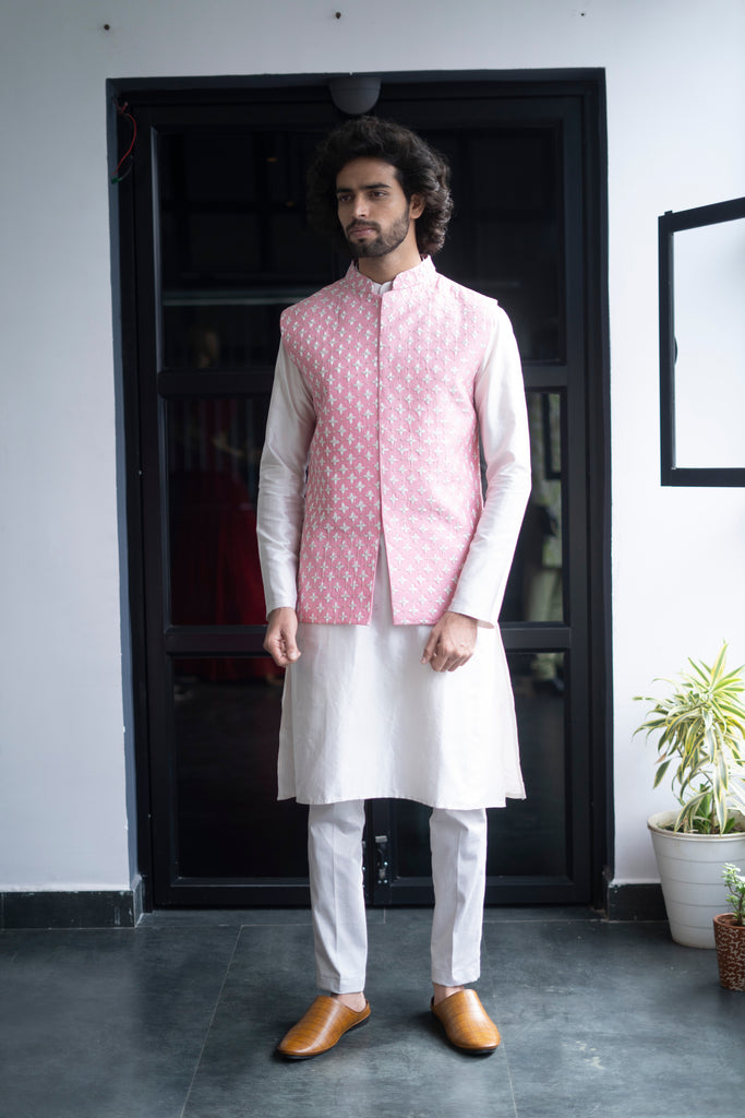 Men's Pink Color Jacket With Kurta Pant Set