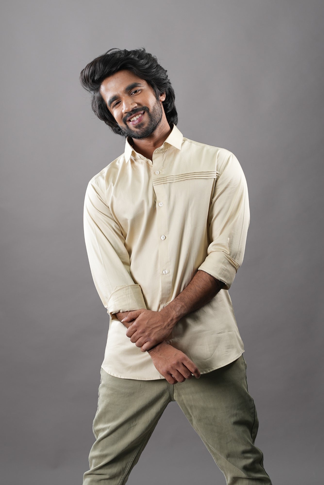 Men's Biege Color Crema Pintuck Shirt Full Sleeves Casual Shirt - Hilo Design
