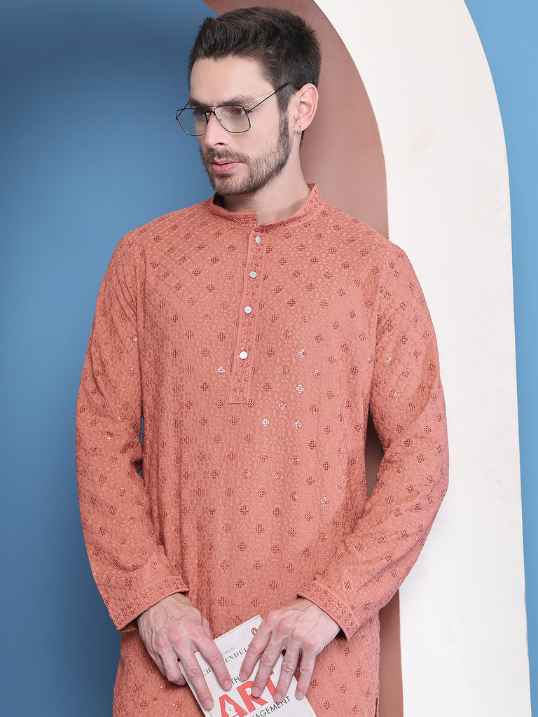 Men's  Peach Viscose Rayon Embroidered Kurta