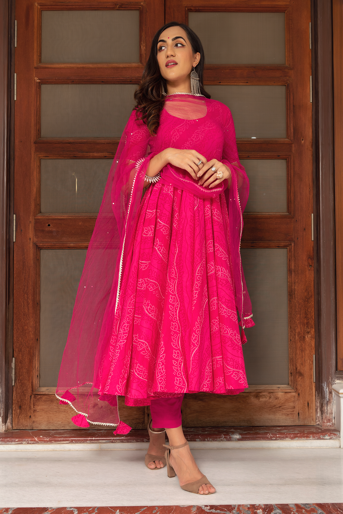 Women's Pink Anarkali suit set with Pants & Dupatta (3pcs set) - Pomcha Jaipur USA
