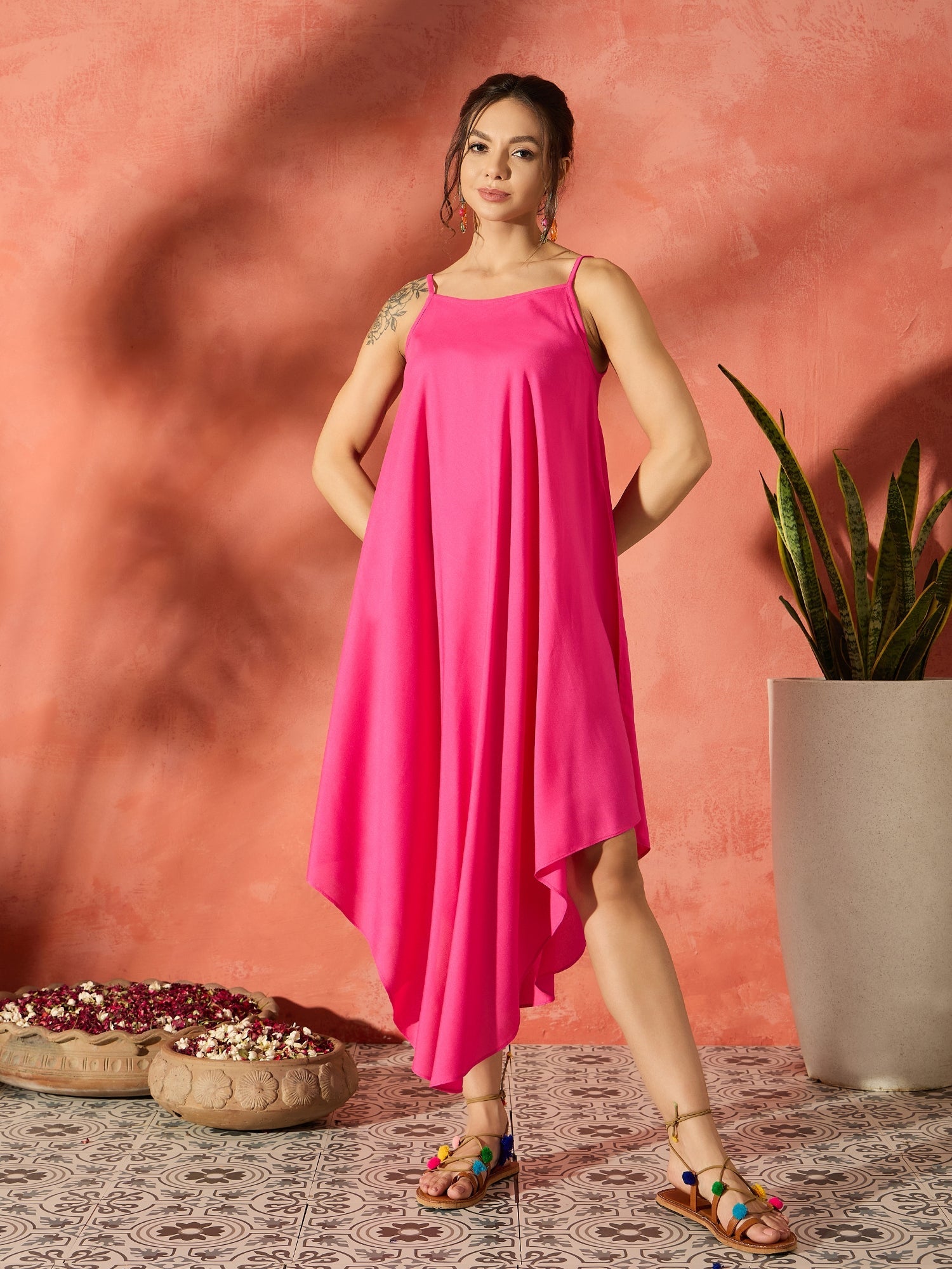 Women's Black Floral Fuchsia Asymmetrical Dress Black / L Women's Black Floral Fuchsia Asymmetrical Dress Black / L