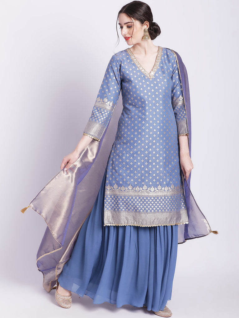 Women's Dusty Blue Badla Kurti With Gathered Palazzo And Organza Shine Dupatta