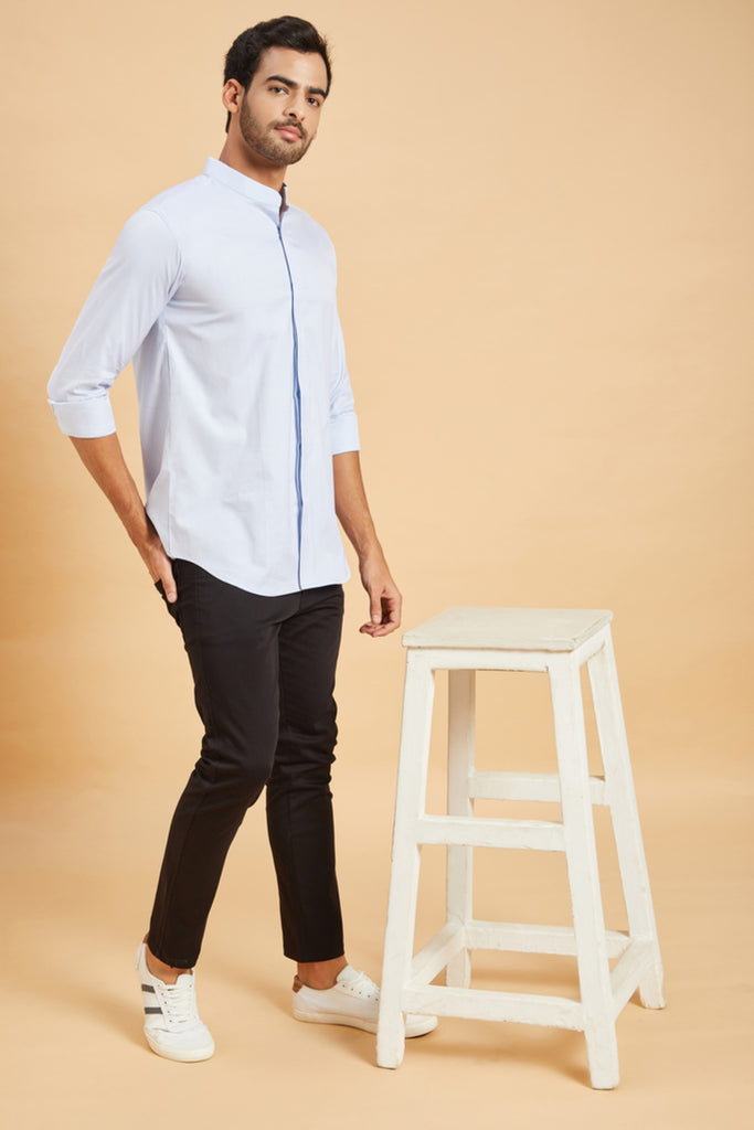 Men's Sky Blue Color Skii Chinese Collar Shirt Full Sleeves Casual Shirt