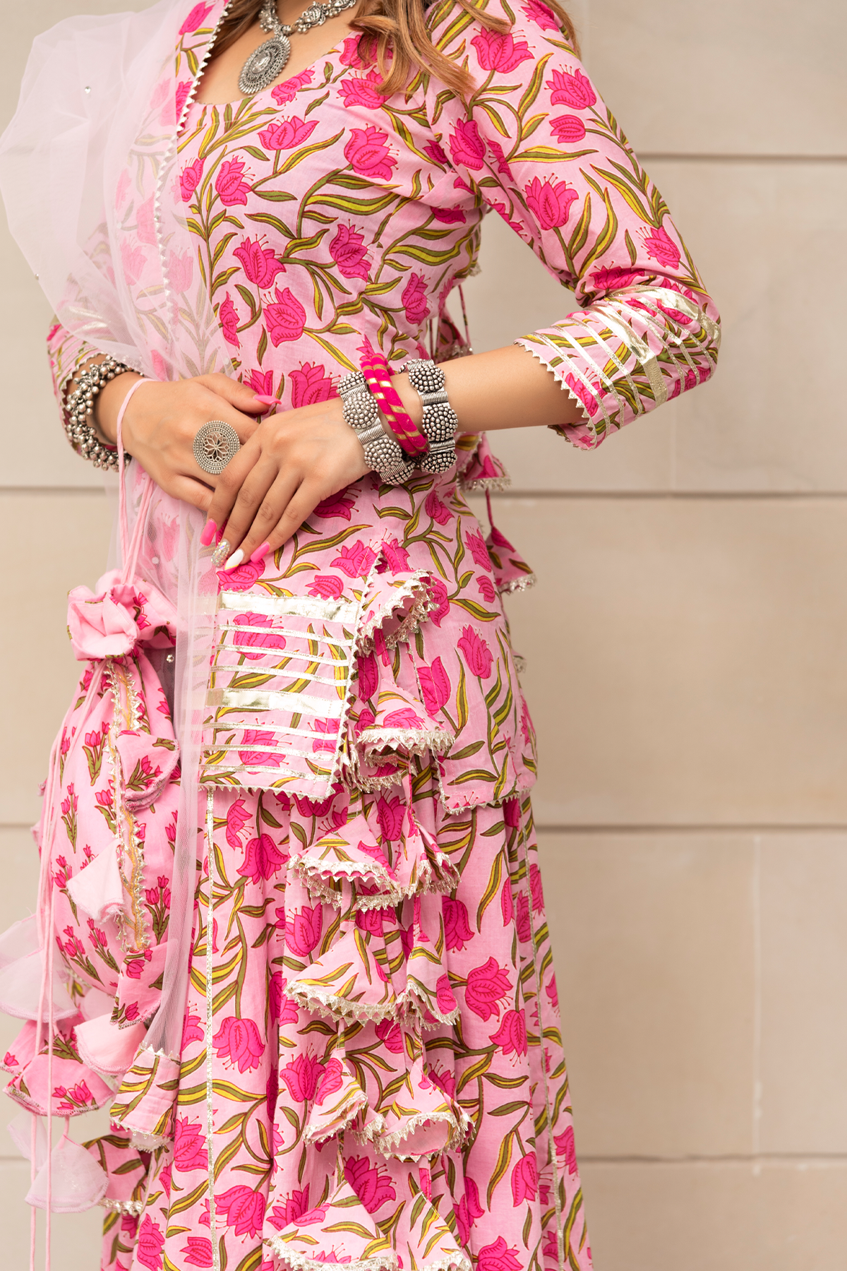 Women's Tulsi Pink Cotton Hand Block Skirt Set