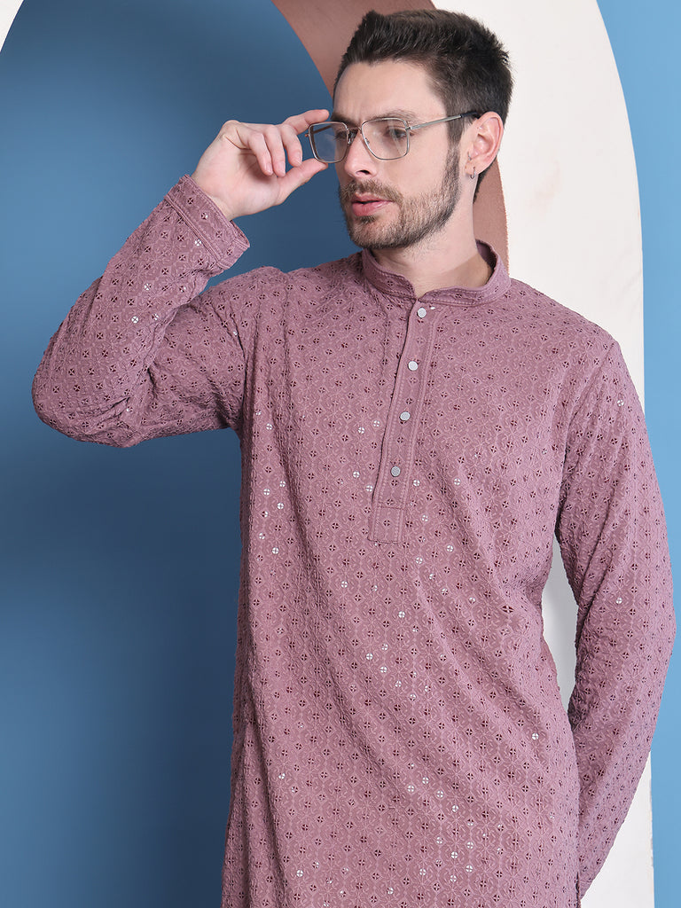 Men's  Purple Viscose Rayon Embroidered Kurta