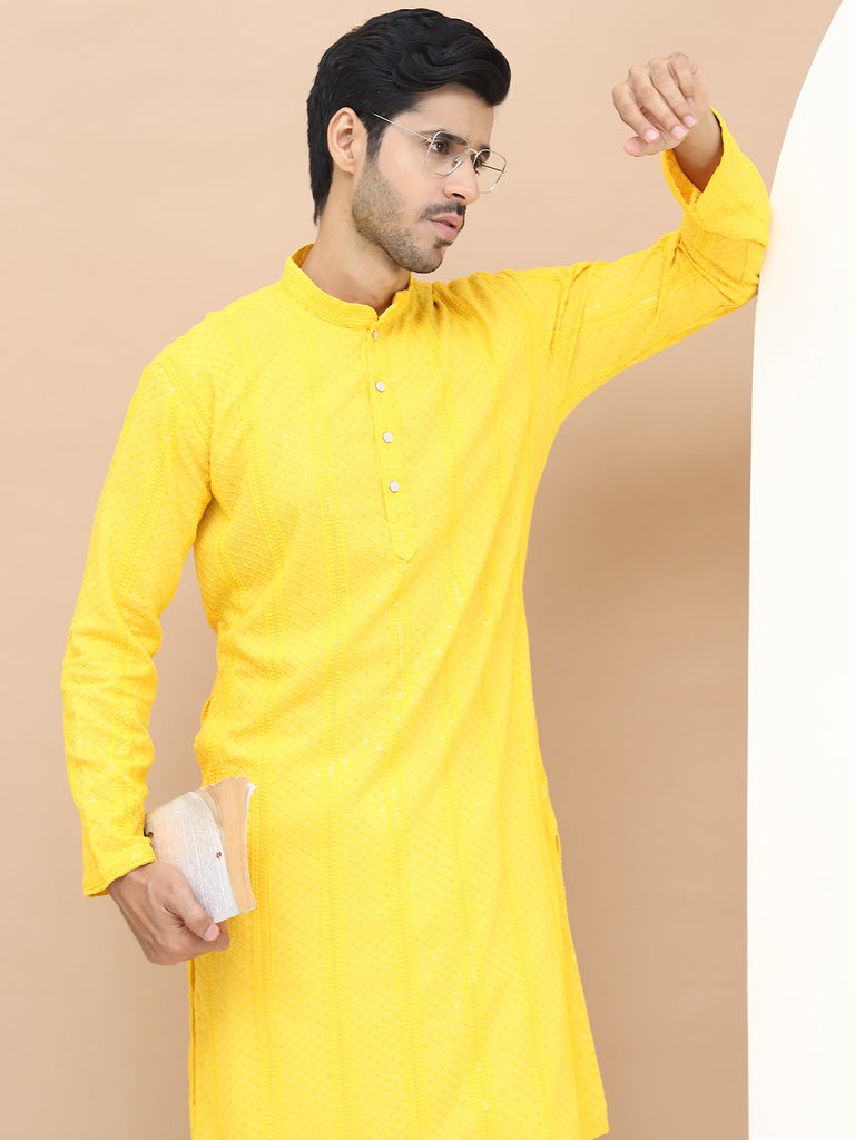Men's  Yellow Viscose Rayon Embroidered Kurta