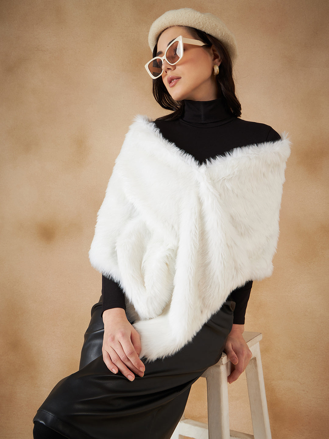 Women's Pure White Faux Fur Cape - InWeave