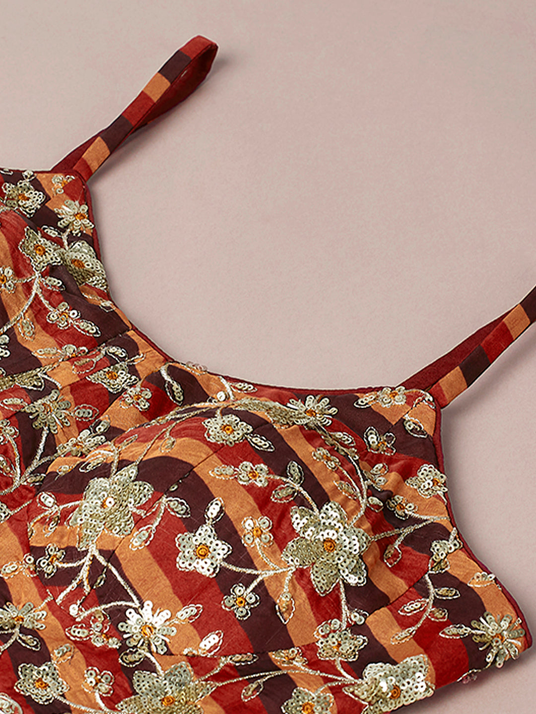 Women's Brown Organza Floral Print And Sequinse Work Semi-Stitched Lehenga Choli & Dupatta - Royal Dwells