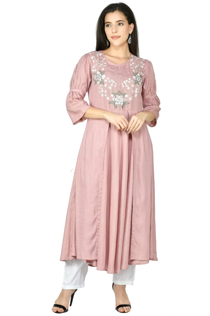 Women's Rose Gold Cotton Rayon Embroidery Kurta Set - Joban Fashion