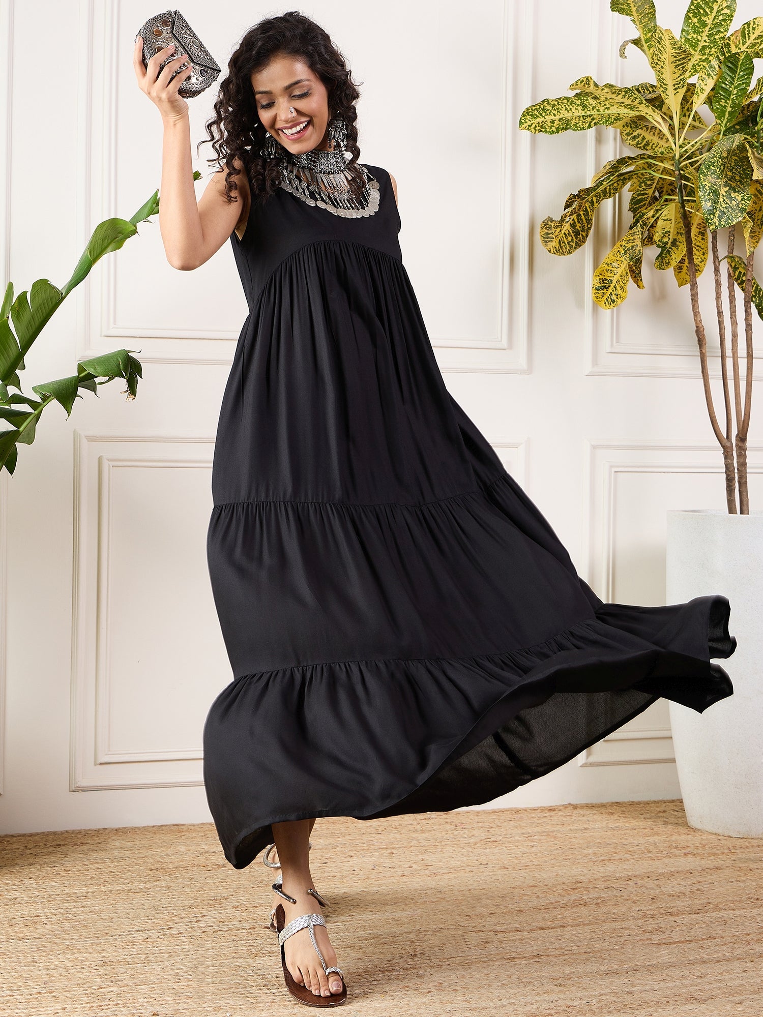 Women's Black V Neck Sleeveless Long Tiered Dress - InWeave