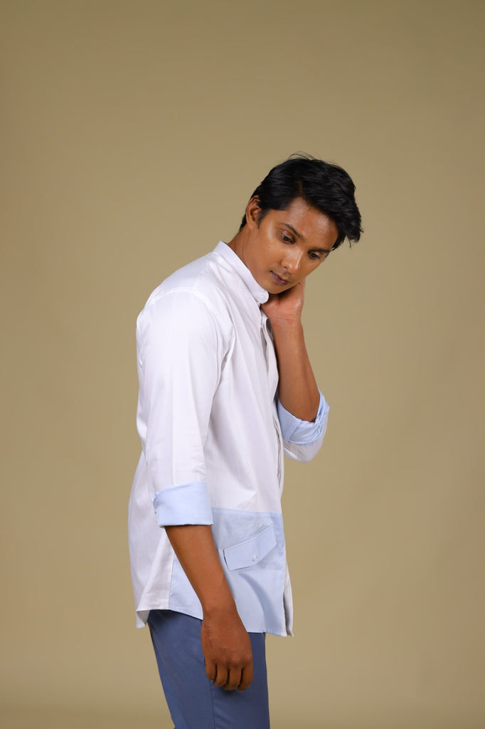 Men's White & Light Blue Color Light Sinum Shirt Full Sleeves Casual Shirt