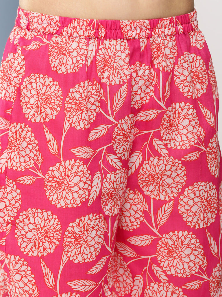 Women's Pink Floral Print A- Line Kurta With Lace Detailing & Pink Floral Print Trousers