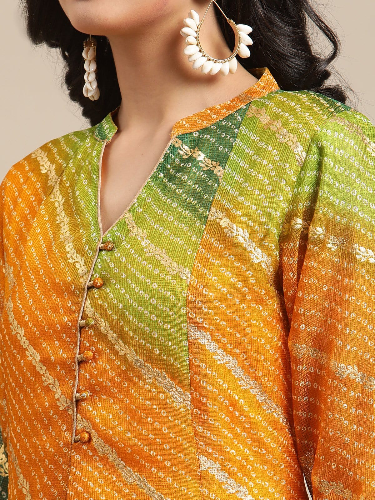 Women's Mustard And Lime Bandhej Foil Printed