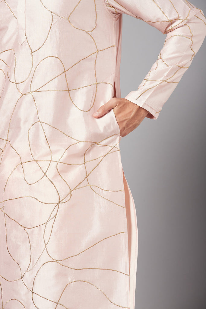 Men's Peach Color Ilara Gold Zari Abstarct Embroidered Kurta Dupion