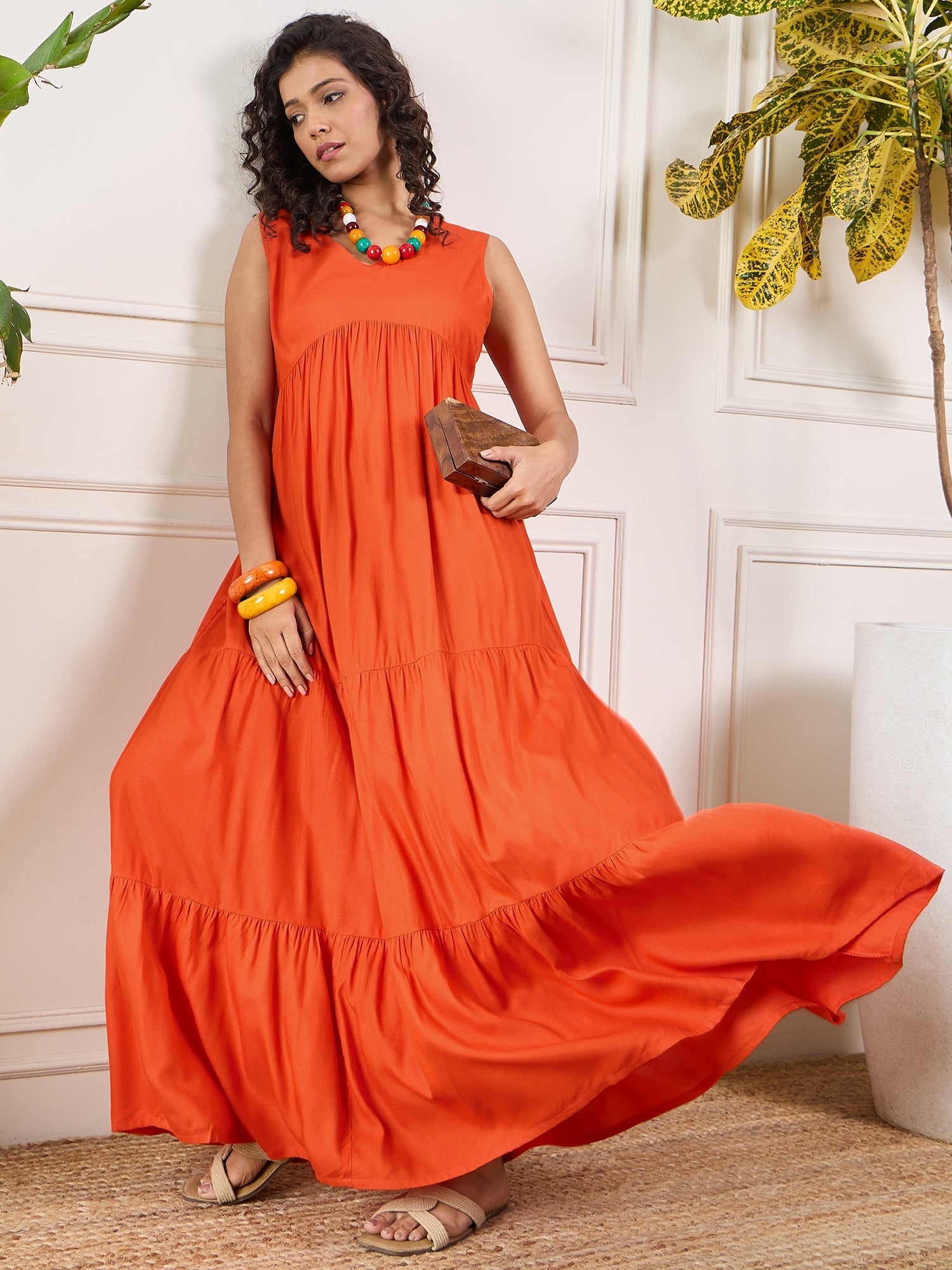 Women's Orange V Neck Sleeveless Long Tiered Dress - InWeave