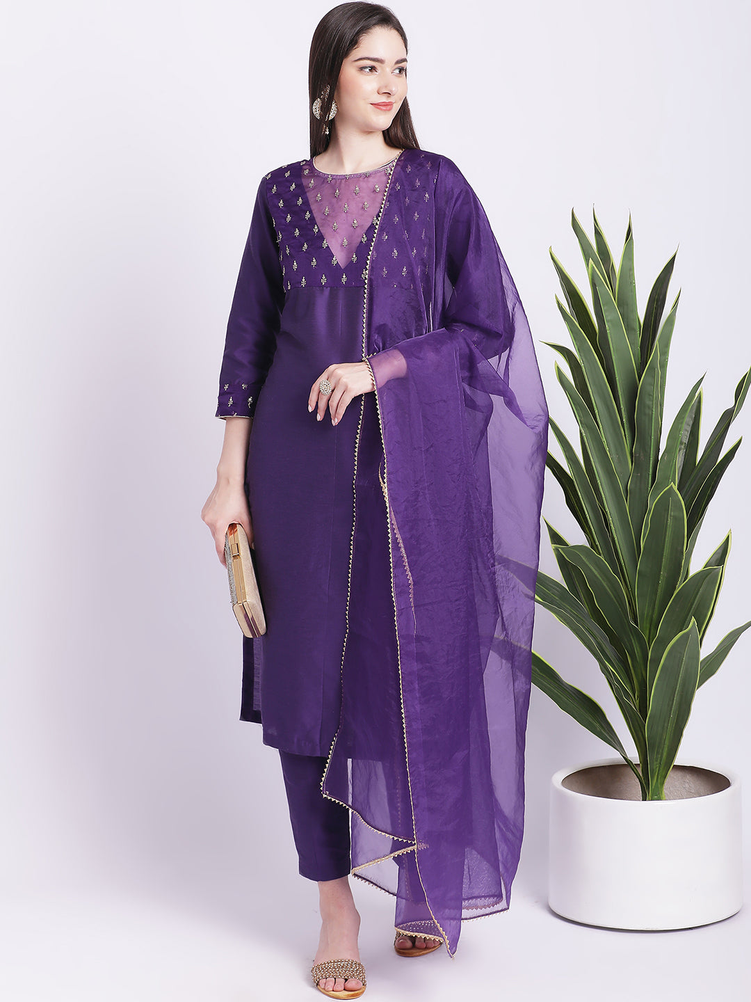 Women's Glowing Purple Straight Kurti With Straight Pants And Organza Dupatta
