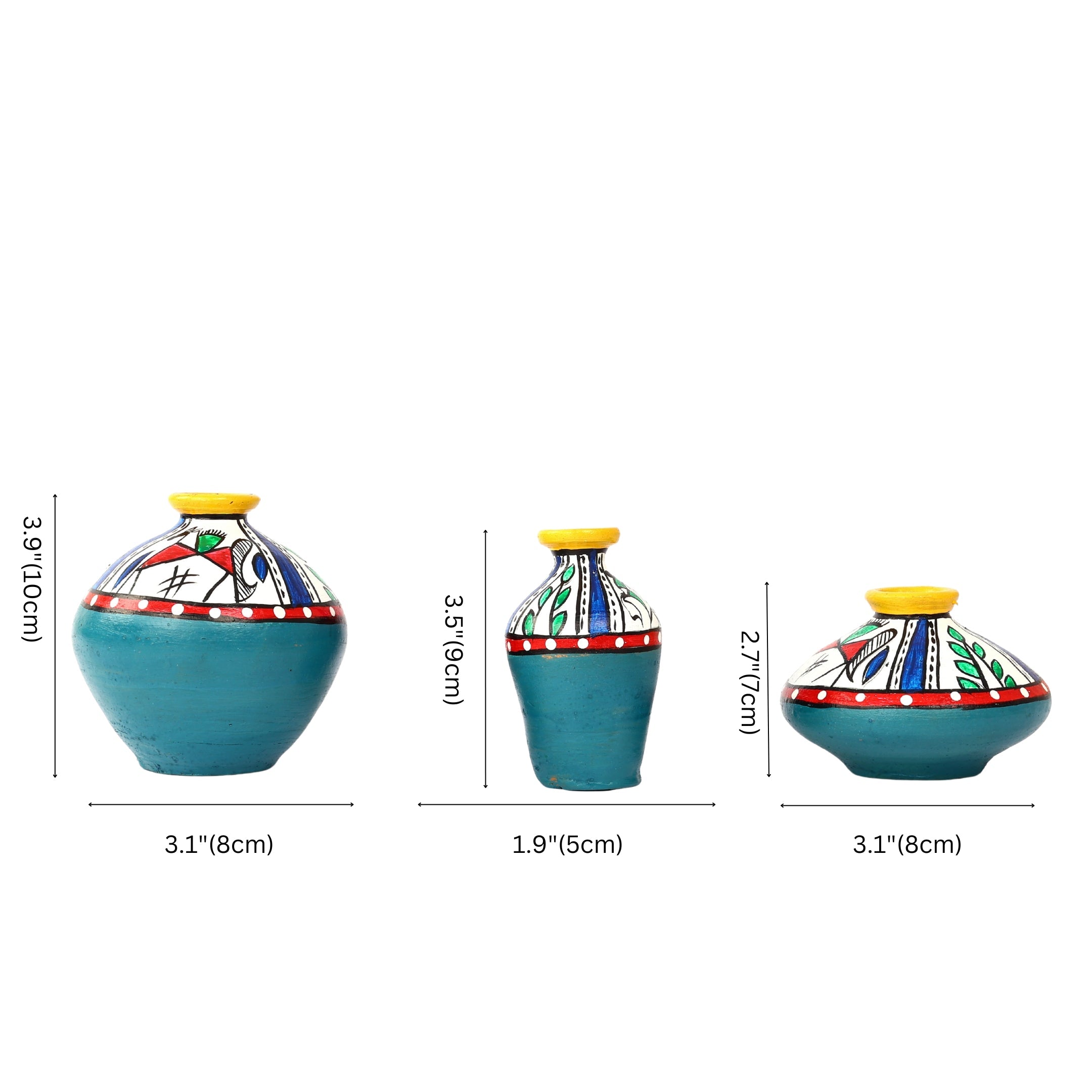 Handcrafted Teal Green Terracotta Pots for Home Decor - Set of 3 - Warli Hand Painting - Natriel