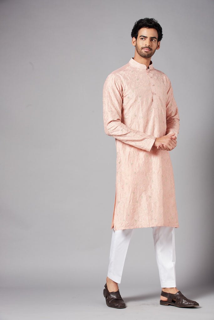 Men's Peach Color Tiyaan Embroidered Kurta Dupion