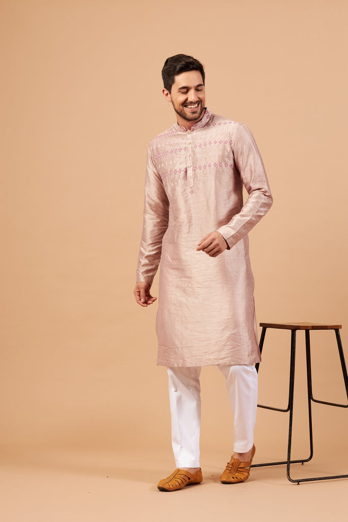 Men's Beige Brown Color Florne Floral Geometric Embroidered Kurta Semi Raw Silk Mix
