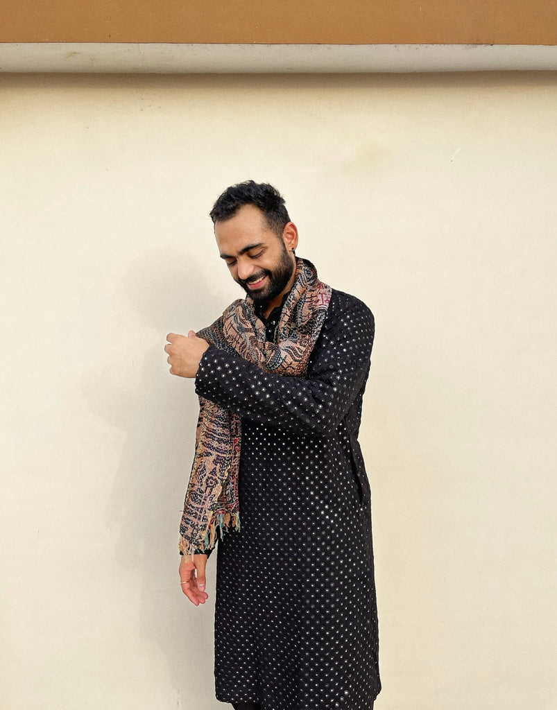 Men's Black Color Black Mirror Kurta + Patiala Pants Georgette & Santone