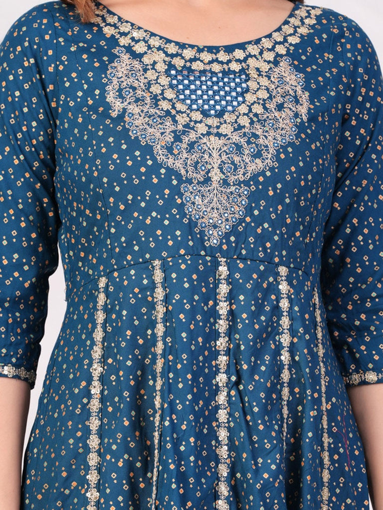 Women's Ethnic Motifs Printed Panelled Thread Work Kurta With Trousers & Dupatta