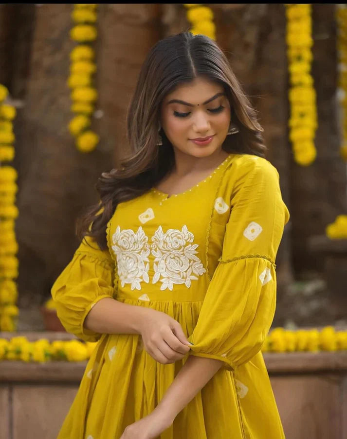 Women's Multi Color Embroidered Cotton Anarkali Kurta And Pant Set