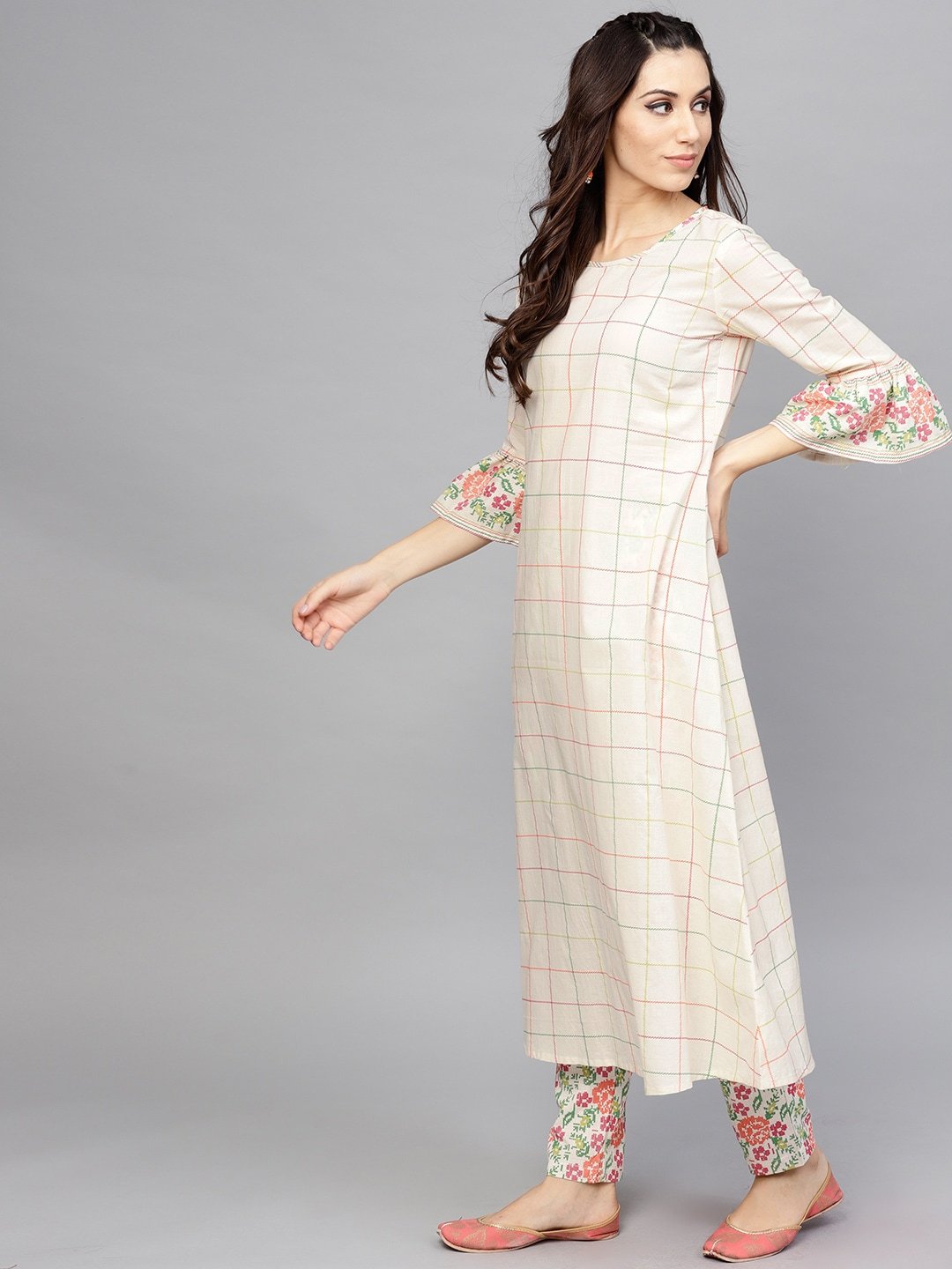 Women's  Off-White Checked A-Line Kurta -