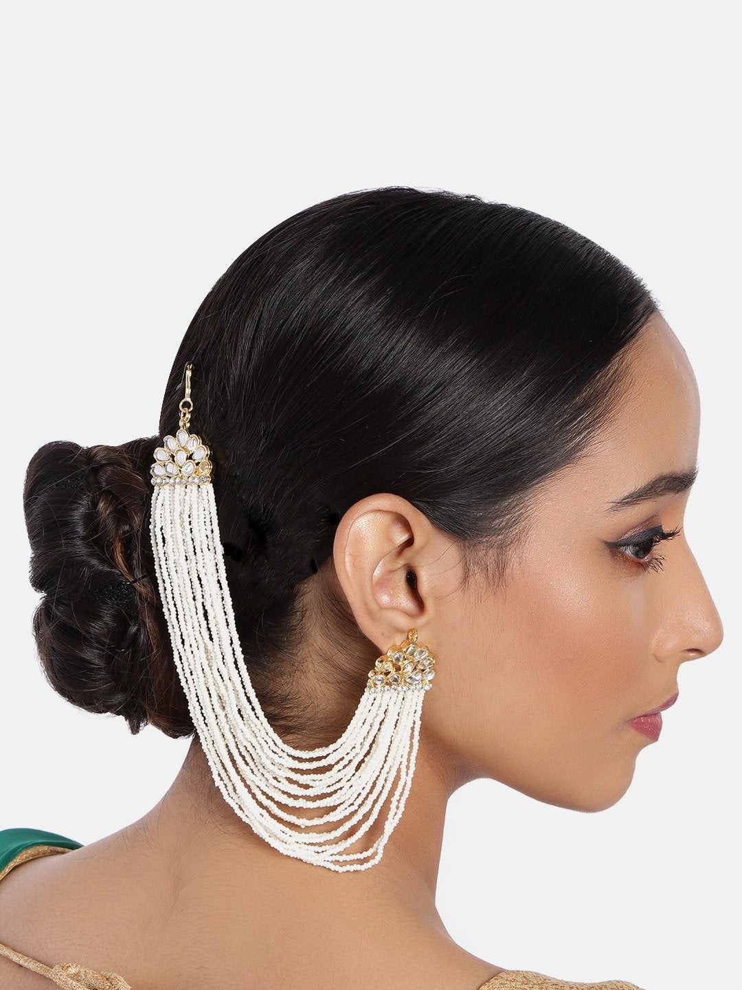 Women's Gold Plated White Multi Strand Earring With Ear Chain Embellished With Pearl