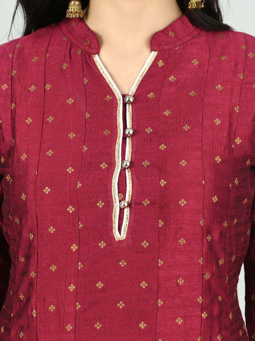 Women's Wine Georgette Printed 3/4 Sleeve Mandarin Neck Casual Anarkali Kurta Dupatta Set