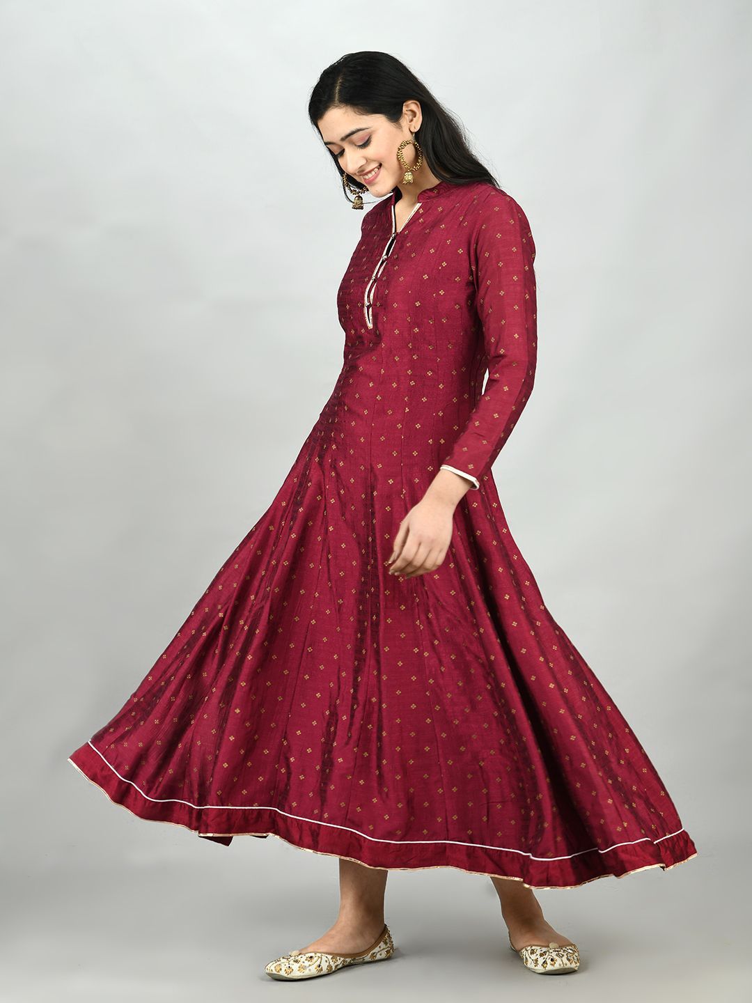 Women's Wine Georgette Printed 3/4 Sleeve Mandarin Neck Casual Anarkali Kurta Dupatta Set