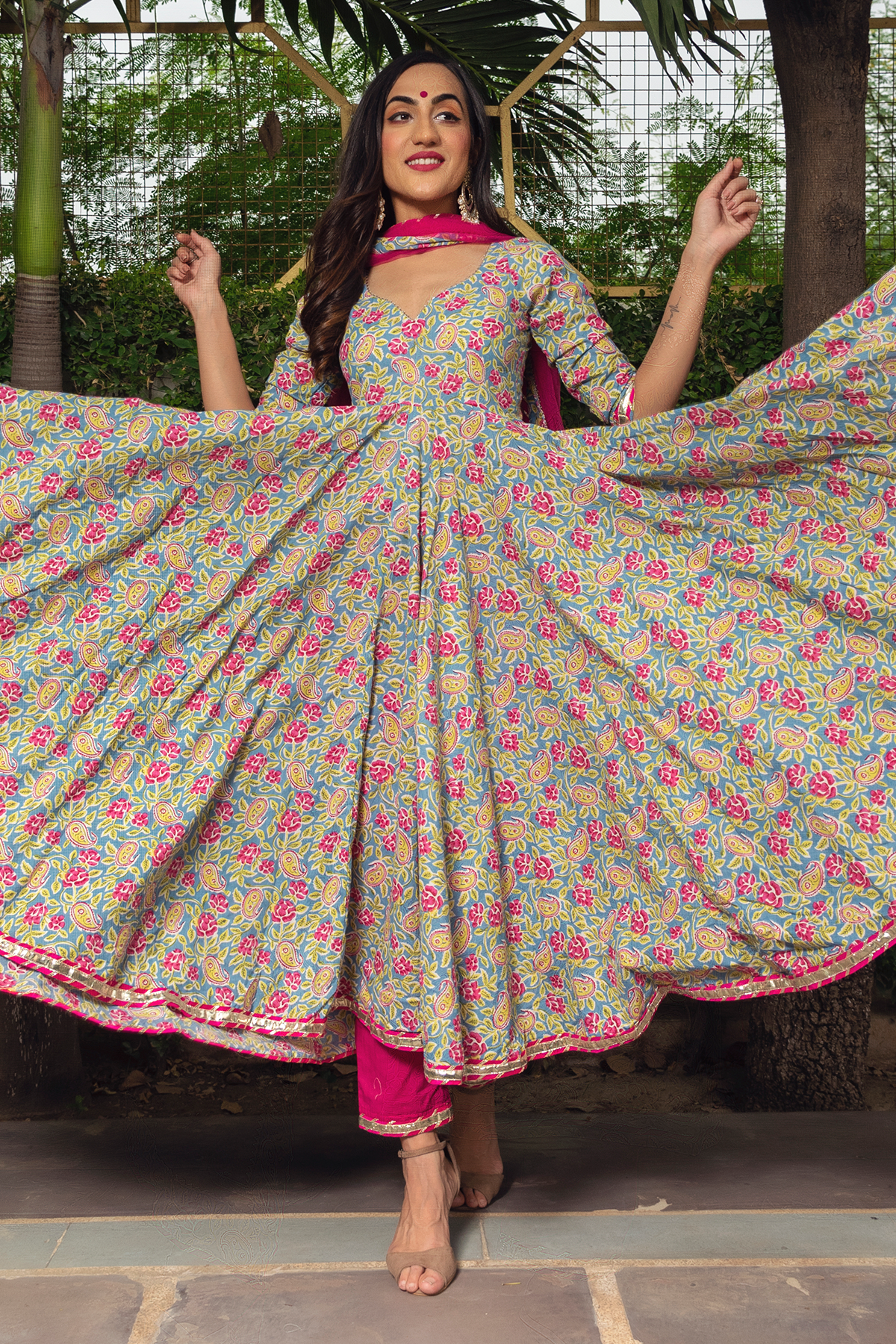 Women Multicolor Cotton Anarkali Kurta with Pant