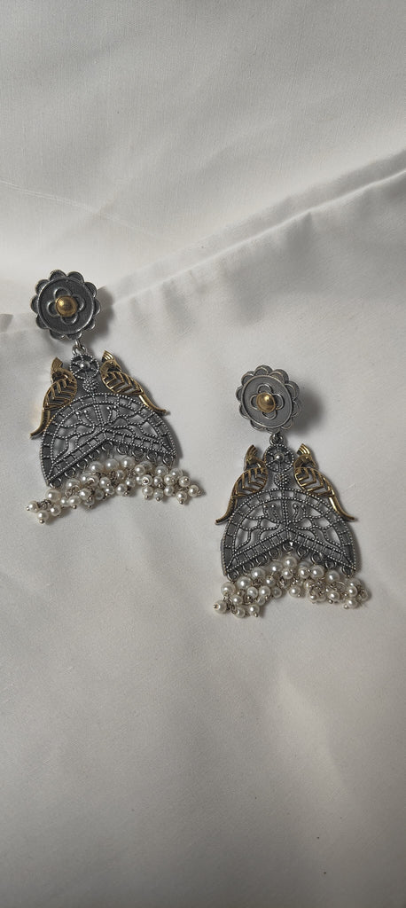 Dual tone peacock earrings with pearl drop
