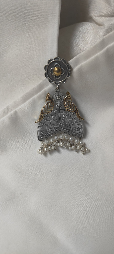 Dual tone peacock earrings with pearl drop