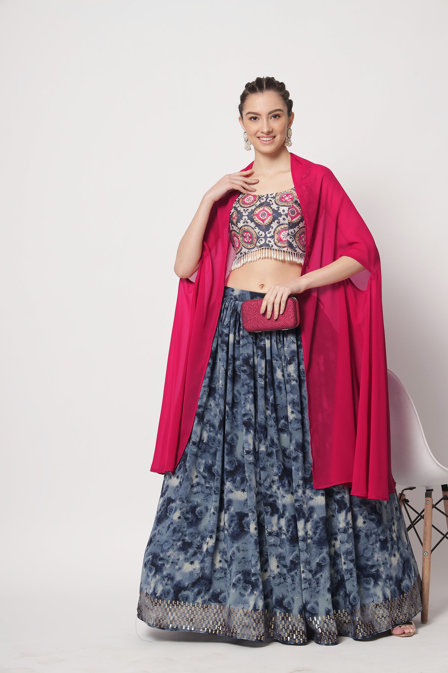 Women's Navy Blue Silk Print With Sequince Embroidered Lehenga Set - Shubhkala