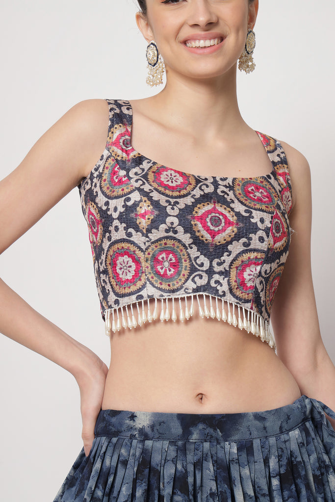 Women's Navy Blue Silk Print With Sequince Embroidered Lehenga Set