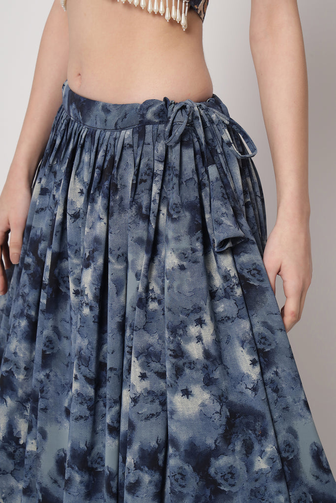 Women's Navy Blue Silk Print With Sequince Embroidered Lehenga Set