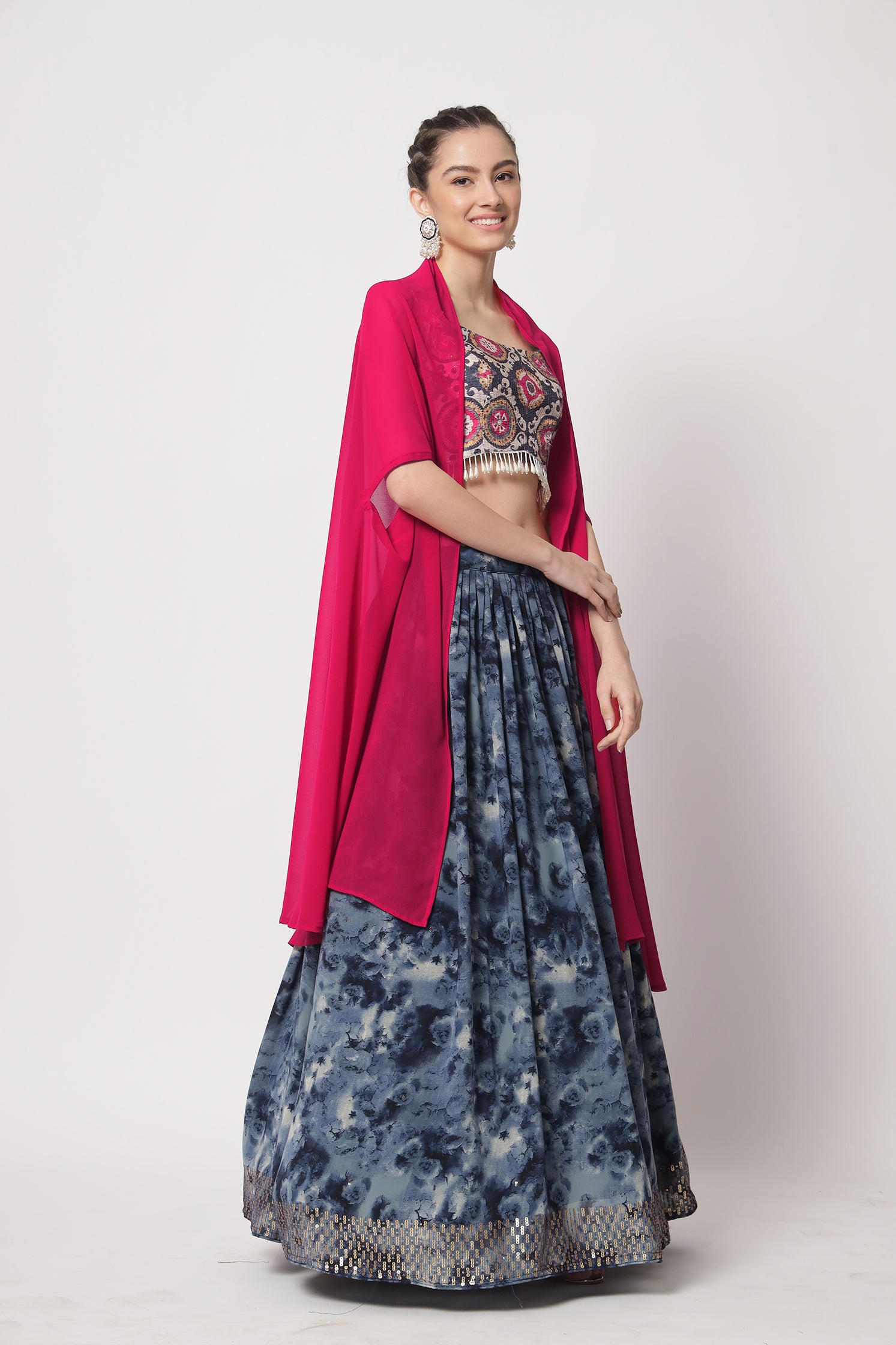 Women's Navy Blue Silk Print With Sequince Embroidered Lehenga Set - Shubhkala