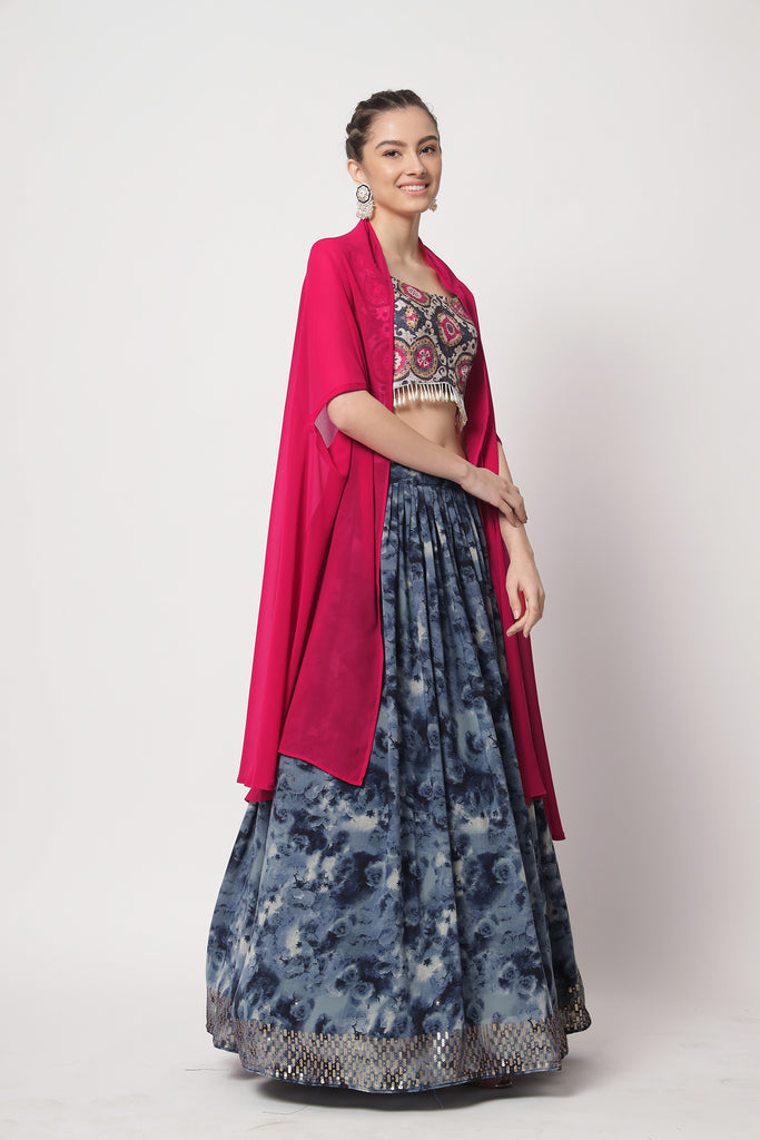 Women's Navy Blue Silk Print With Sequince Embroidered Lehenga Set