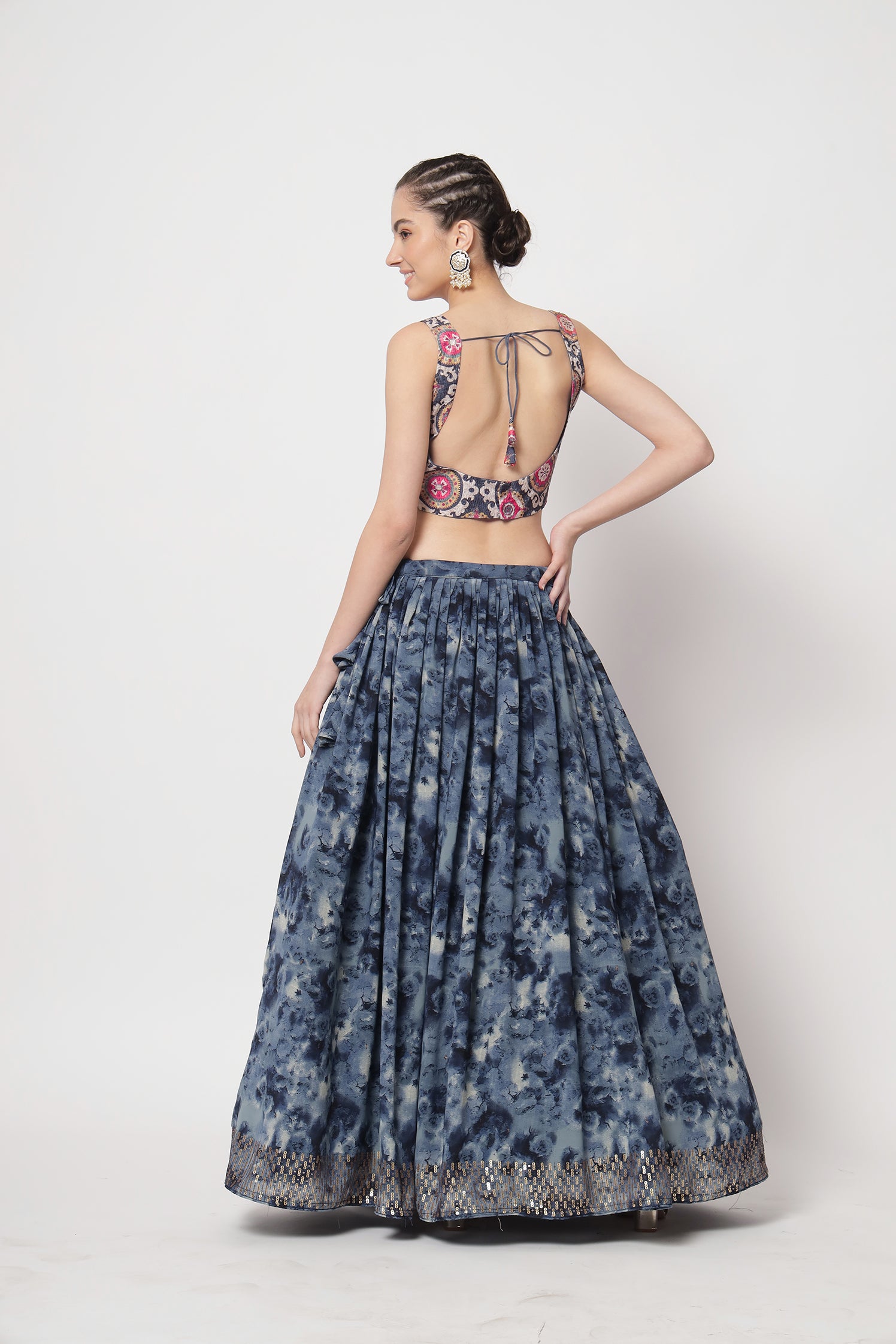 Women's Navy Blue Silk Print With Sequince Embroidered Lehenga Set - Shubhkala