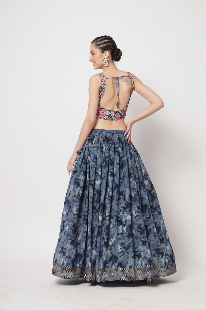 Women's Navy Blue Silk Print With Sequince Embroidered Lehenga Set