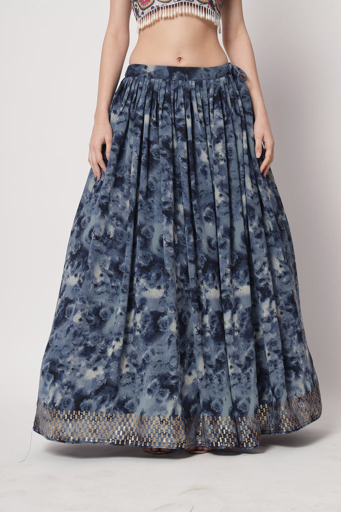 Women's Navy Blue Silk Print With Sequince Embroidered Lehenga Set