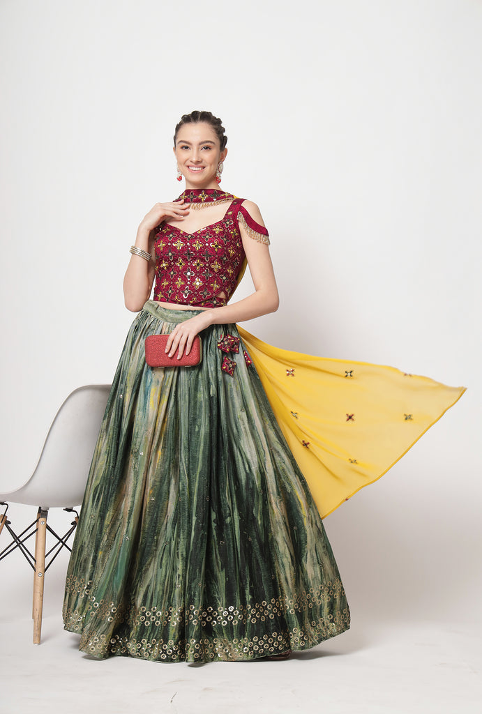 Women's Green Chinon Silk Print With Sequince Embroidered Lehenga Set