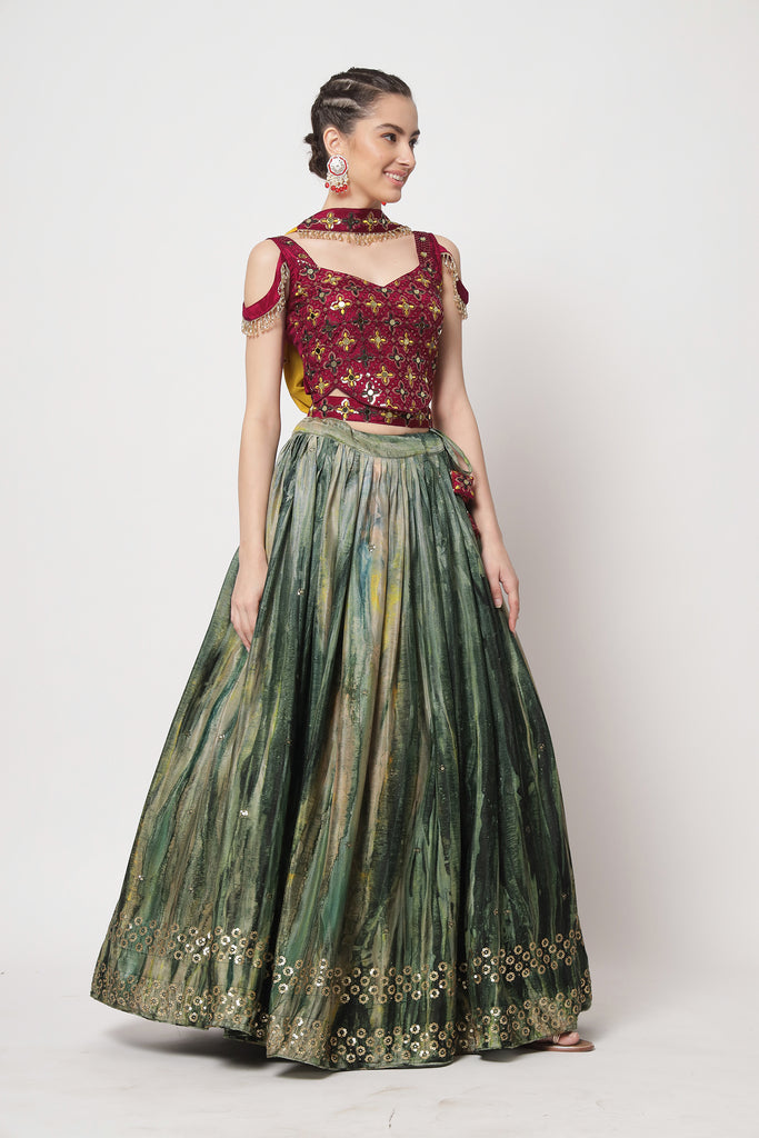 Women's Green Chinon Silk Print With Sequince Embroidered Lehenga Set