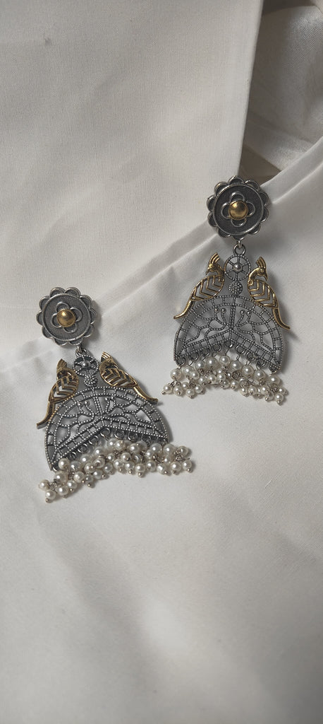 Dual tone peacock earrings with pearl drop