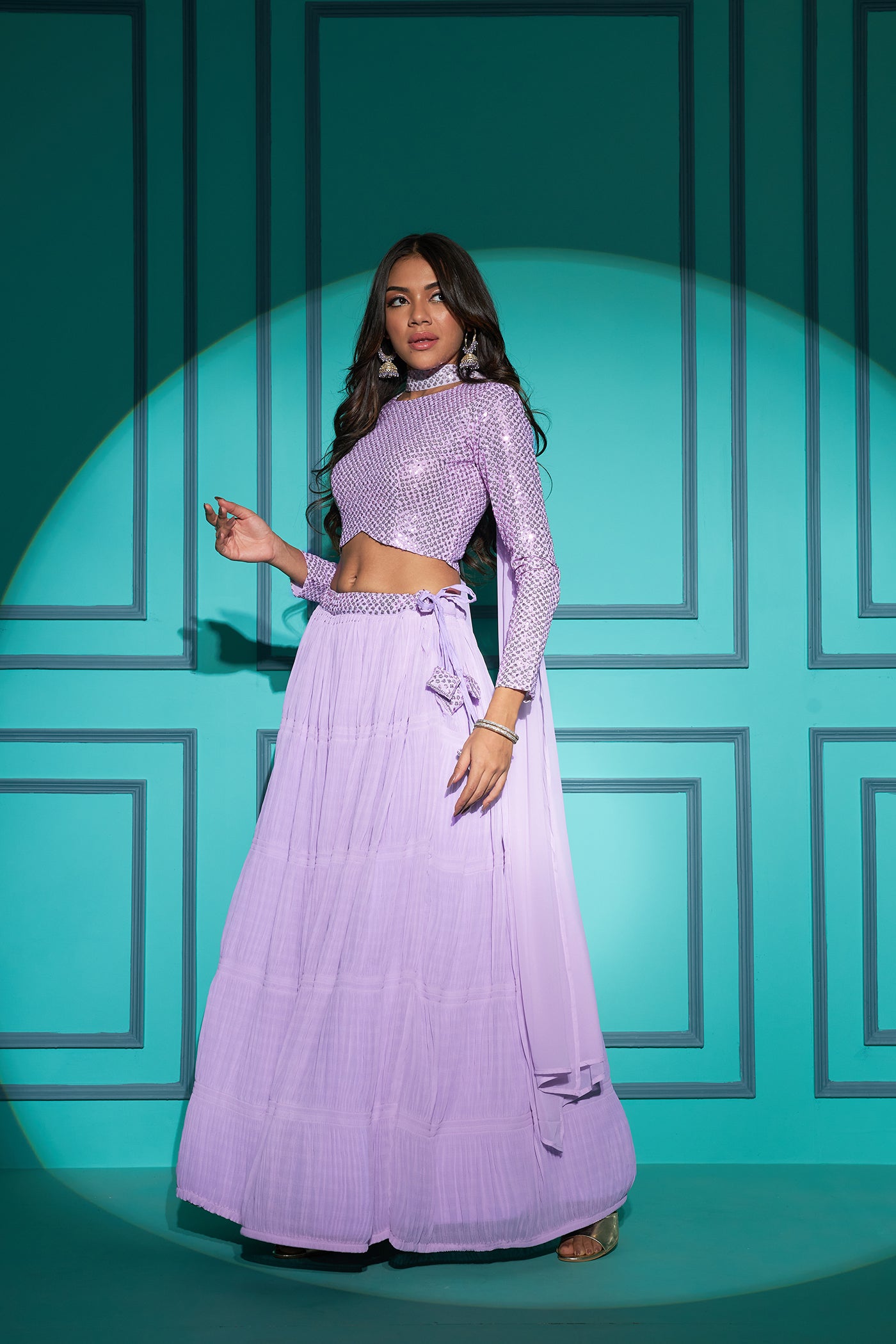 Women's Lavender Georgette Fabric Plitting Pattern Lehenga Set - Shubhkala