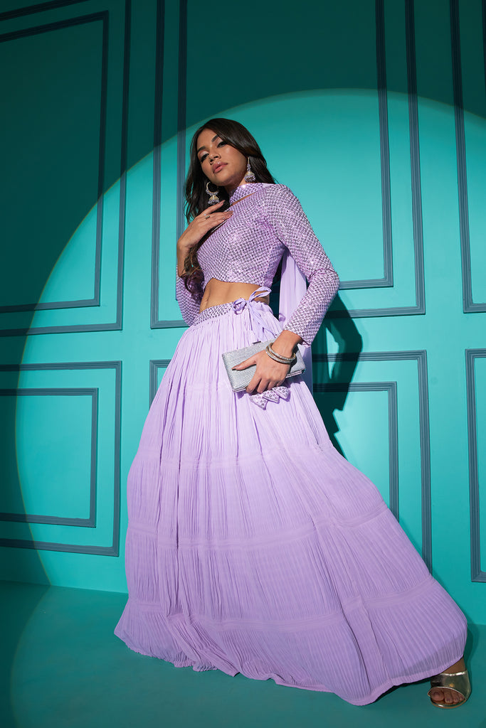 Women's Lavender Georgette Fabric Plitting Pattern Lehenga Set
